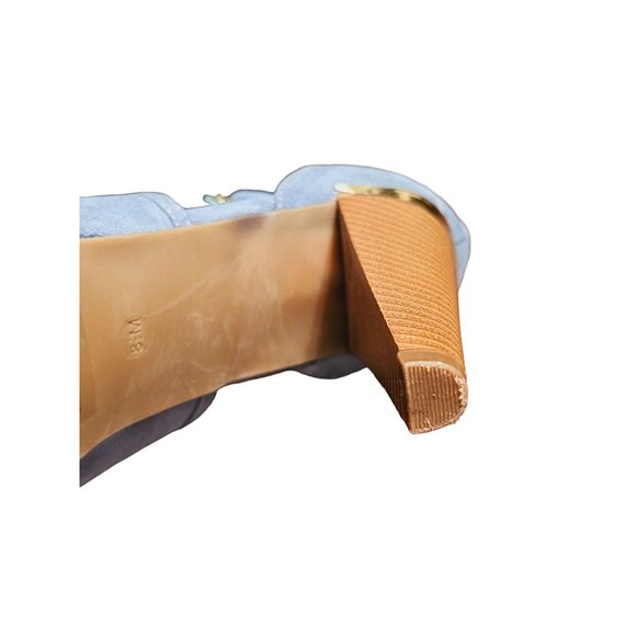 Guess Peep Toe Booties size 8.5 Stacked Heel wood Light Blue Gold Tone buckles - Picture 7 of 14